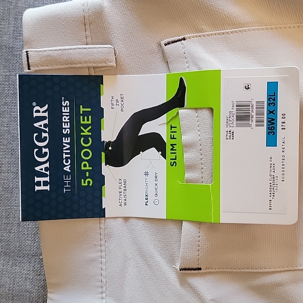 Haggar Active Series 5-pocket pants 36w32l slim fit tan (270string) flex waist